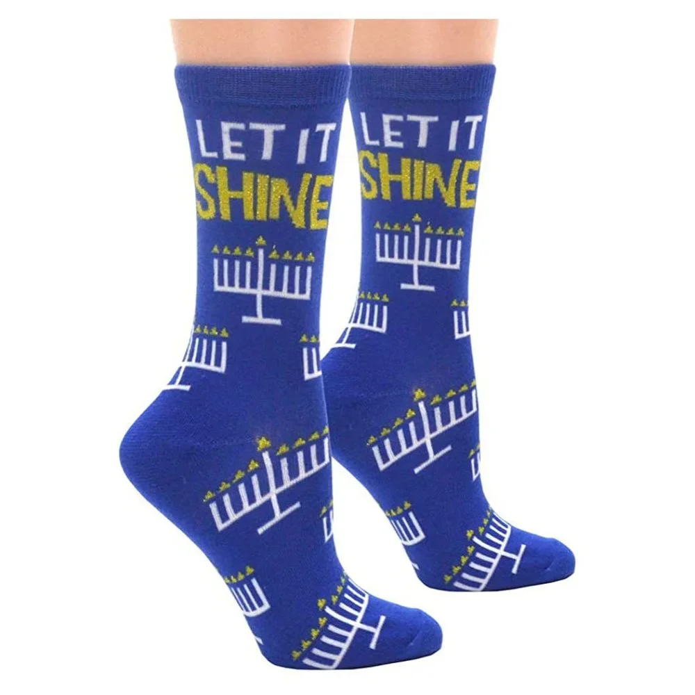 NWT Happy Hanukkah Menorah Novelty Crew Socks‎ Shoe 4 10 Jewish Holiday Gift